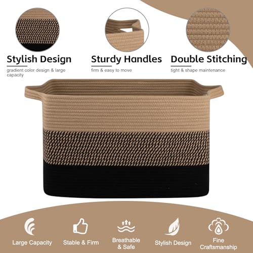 Image of OIAHOMY Large Blanket Basket, 65L Cotton Rope Woven Laundry Basket, Toy Bin for Baby Room, Container for Blanket Storage in Living Room, 20''x16''x12'', Brown & Black