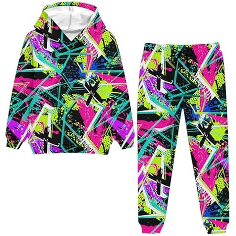 uideazone Boy's 2 Pieces 80s90s Sweatsuit Sets Size 9-10 Girls Novelty Graffiti Hooded Pullover Sweatshirt Jogger Pant Outfits Cool Pattern Tracksuit Clothes Set for Teen kids Cover