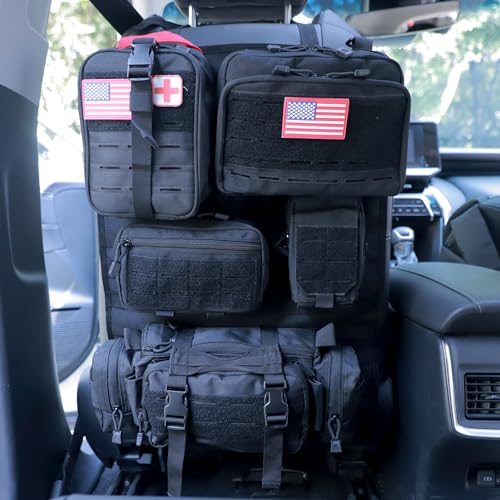 Universal Tactical Car Seat Back Organizer Bag Tactical Molle Vehicle Organizers Panel Vehicle Protector Organizers with 5 Detachable Pouches for Car Truck Ford Jeep (Upgraded D model Black)