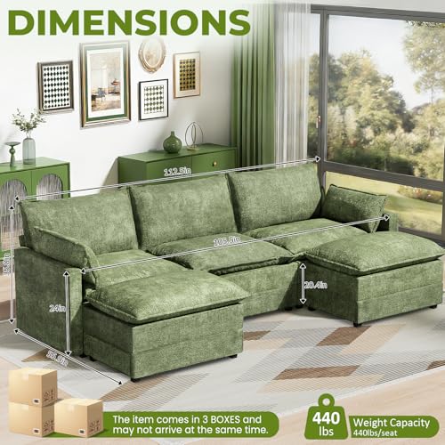 Image of LEVELEVE 112.5 inch U-Shape Modular Sofa with 2 Ottomans, Deep Seat Cloud Convertible Sleeper, 2 Arm Pillows, Comfortable Upholstered Furniture for Living Room Apartment, Green