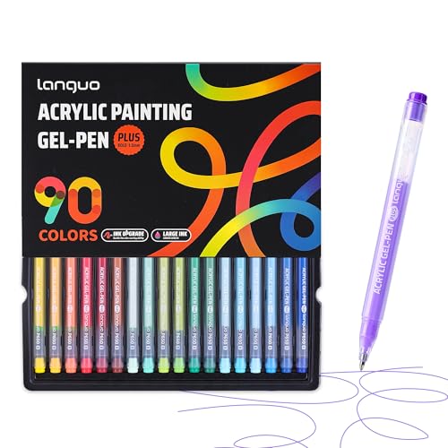 languo Acrylic Gel Pens for Coloring, 90 Colors Set 3D Acrylic Paint Pens with 1.0mm Bullet Tip for Adult Coloring, Colored Gel Pens for Black Paper, Rock, Glass, Fabric, DIY and Art Crafts Supplies