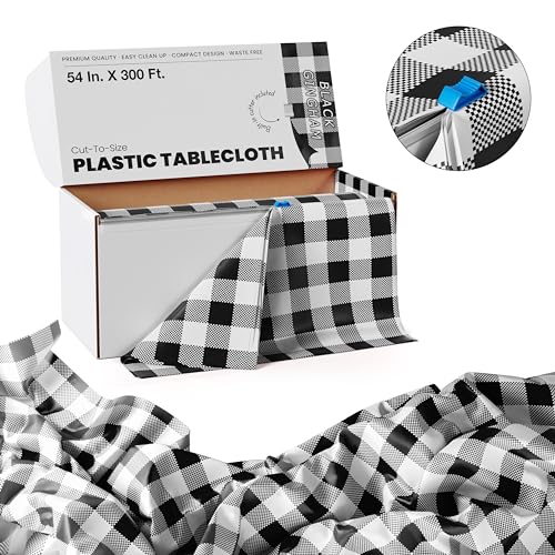 Image of Party Solids 54 Inch X 300 Feet Black Gingham Plastic Table Cover Roll in A Cut - to - Size Box with Convenient Slide Cutter. Cuts Up to 36 Rectangle 8 Feet Plastic Disposable Tablecloths