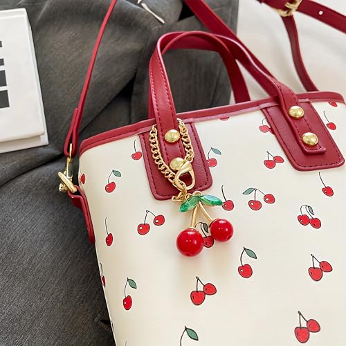 Cherry Leather Tote Bag – Cute Y2K Shoulder Purse for Women, Red Designer Handbag with Top Handle, Fruit Print Clutch Satchel2