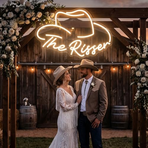 Image of Custom Cowboy Hat Neon Sign for Western Decor | Rodeo party, ranch, home bar, wedding, last name light, dimmable LED, rustic wall accent, personalized gift