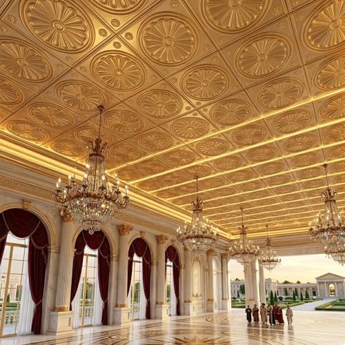 Image of Kayra Decor PVC Ceiling Panel 60x60 cm|Sunburst Panel| Champagne Gold|12 Tiles Cover 48 Sq Ft| Modern False Ceiling|Royal & Elegant Finish