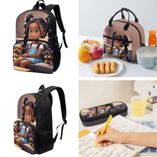 African Black Girls Bookbag Yorkshire Terrier Backpack with Lunch Box 1 Grade/2Nd Grade Afro Kids Book Bag Lunch Bag Kindergarten/Elementary School Bag Lunchbox Pencil Pen Case School Bag3