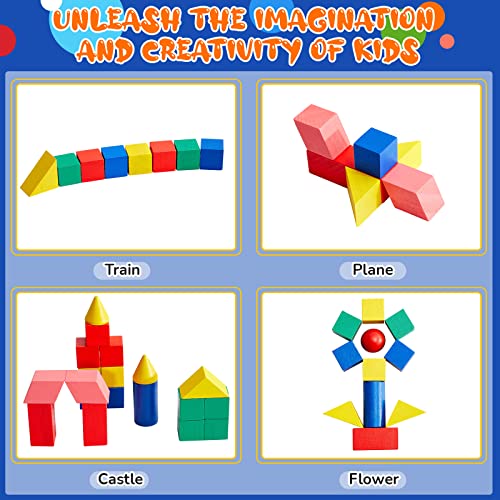 Image of 140 Pcs Mini 3D Shapes for Teaching, Wood Building Geometric Solids Blocks | Classroom Manipulatives for Elementary School Geometry Math Kindergarten Preschool Learning, Montessori Stacking Toy