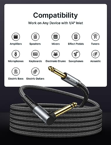 Image of JSAUX Guitar Cable 20 ft, Amp Cord for Electric Guitar /Mandolin /Bass, Pro Audio Instrument Cable with 1 /4 inch Tips(TS Port) Right Angle to Straight-Gray