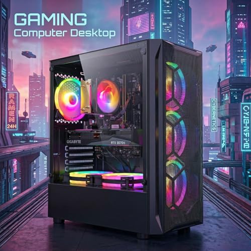STGAubron Gaming PC Computer Desktop, Intel Core i7 up to 3.9GHz, Radeon RX 580 8G Video Card, 16GB RAM, 1TB SSD, WiFi 6, BT 5.0, RGB Fan x 6, Windows 11 Home