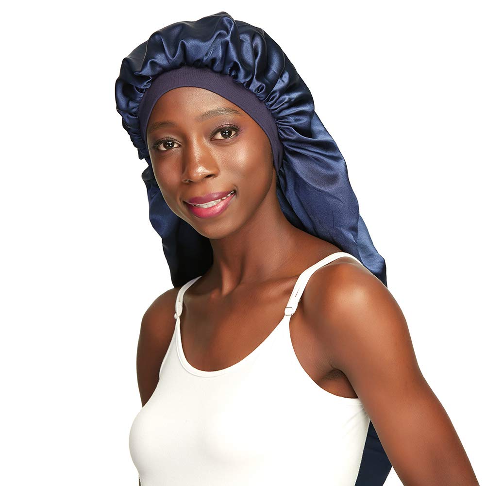 Awefeel Women's Navy Double-Layer Satin Sleep Cap For Long Hair, Braids, Dreadlocks, Curly Hair - Blue - Xl