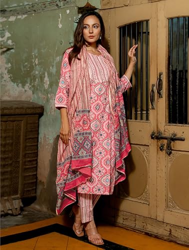 Image of MIRCHI FASHION Pure Cotton Women Straight Print & Thread Embroidery Kurti Set with Dupatta & Pant