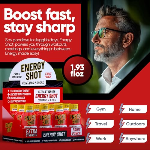 Image of Fruit Punch Extra Strength Energy Shot 10 PK - 260mg Natural Caffeine B12 B6 - Energy & Focus Support - 2 Servings Sugar Free Zero Calorie Green Tea B-Vitamins Electrolytes Vegan - 1.93 fl oz
