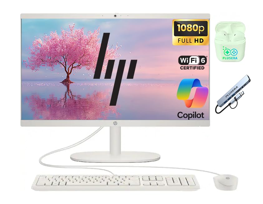 Image of HP 21.5 inch FHD All-in-One Desktop Computer, Intel Quad-Core Processor, 8GB RAM 640GB Storage (128GB SSD+512GB External), Windows 11, Wired Keyboard & Mouse, PLUSERA Earphones, Cashmere White