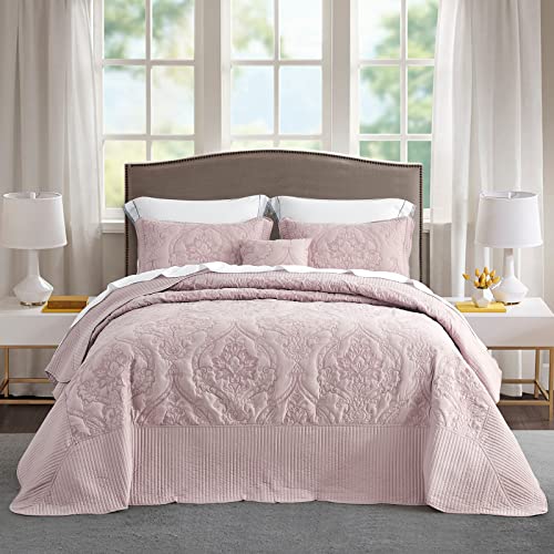 Image of CHIXIN Bedspread Coverlet Quilt Set Full Size - Lightweight Bedding Cover - Beautiful Stitching - 5 Piece Reversible Bedspread - Gorgeous Damask Paisley Pattern (Full, Pale Rose)