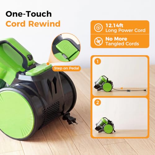 Image of NEWBULIG Canister Vacuum Cleaners for Home, Bagless Vacuum Cleaner, Green | 850W 16Kpa Suction, 12.14 ft Retractable Cord, Washable HEPA, 1.8L Large Dust Cup for Hard Floor & Carpet