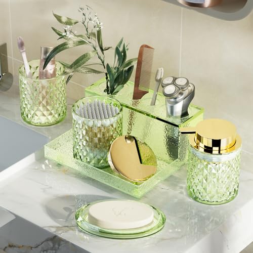 Glass Bathroom Accessories Set 5Pcs Crystal - Foaming Soap Dispenser, Soap Dish, Cup, Acrylic Toothbrush Holder with Tray Organizer, Qtip Jar, Bathroom Counter Set Sink Decor (Green) - Image 3