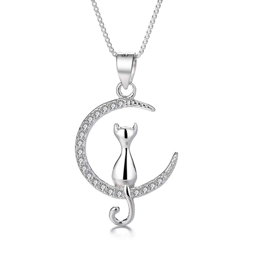 Belons Collar de gato para mujer, plata de ley 925 con circonita cúbica, collar con colgante de gato en luna para niñas y niños, Piedra, Circonia cúbica