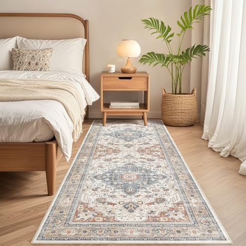 Runner Rug Kitchen Washable Rugs: 3x10 Non-Slip Boho Vintage Distressed Stain Resistant Indoor Neutral Farmhouse Throw Carpet for Hallway Bathroom Laundry Room Entryway Bedroom- Beige Blue