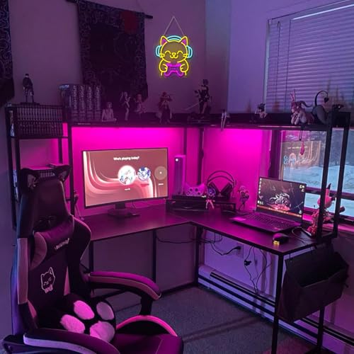Image of Ineonlife Game Cat Neon Sign for Wall Decor Light Up Cute Animal Led Signs for game room Acrylic Art Decor for home bar bedroom cafe man cave Decorations 12.99x12.6 inch USB POWER