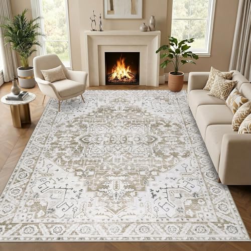 Famibay Tapis Salon 160x230cm Beige Marron Tapis Lavable en Machine Vintage Tapis Chambre Poil Court Doux Antidérapant pour Salon Chambre à Coucher Salle a...