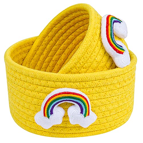Image of LixinJu Small Basket for Organizing Small Woven Basket Set of 2 Rainbow Small Rope Basket Decorative Mini Storage Bins Round Little for Desk Dog Cat Toy Kids Baby Girls Gifts, Yellow
