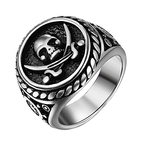 JewelryWe Bague Homme Acier Inoxydable,Bague Vintage Punk avec Motif Crâne et Couteau de Pirate,Anneau de Biker Homme