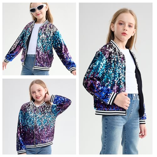 Image of LOLANTA Girls Sequin Jacket, Long Sleeve Kids Bomber Coats with Pockets, Spring Fall Outfits for 4-15 Years