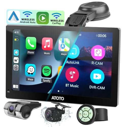 ATOTOEXCEL Pantalla táctil portátil Carplay Android Auto para coche, receptor estéreo inalámbrico para coche, navegación GPS P5, 7 pulgadas QLED que suprime el deslumbramiento Carplay Radio Mirrorlink