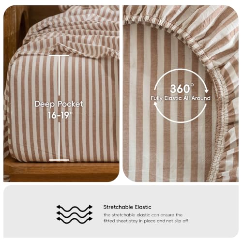 Image of MooMee Striped Sheet Set 100% Washed Cotton Linen Like Twin
