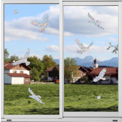 Image of Window Clings for Birds - Anti-Collision Window Decals - Prismatic Non Adhesive Vinyl Rainbow Glass Stickers to Save Birds from Glass Strikes (Eagle-dots, 21 Pieces)