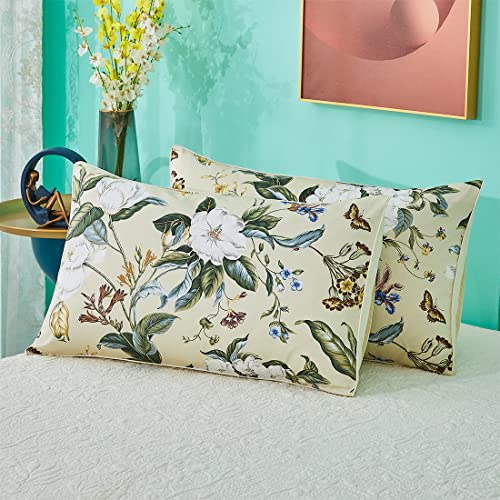 WINLIFE Queen Cotton Pillowcases Set of 2, Farmhouse Green Leaves