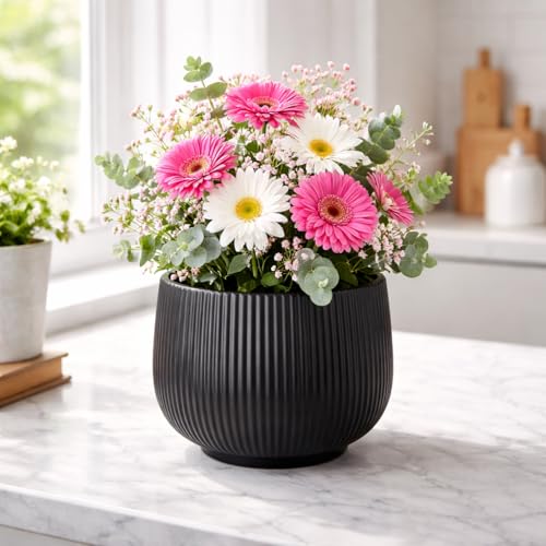 Image of Xtore Sleek Ribbed Black Planter Pot for Indoor Plants | Modern Textured Flower Pot for Home & Office Decor, Tabletop & Shelf Styling (Black, 14 cm x 13.5cm)