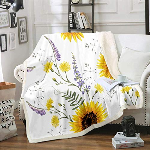 Loussiesd Sunflower Sherpa Blanket, Floral Print Fleece Throw for Women Yellow Flowers, Breathable Botanical Branches