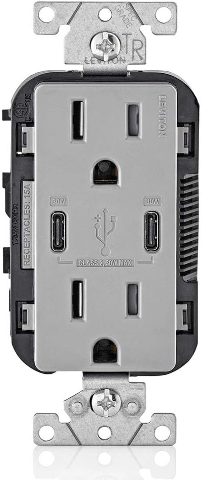 Leviton T5635-T USB Dual Type-C with Power Delivery (PD) In-Wall Charger with 15 Amp, 125 Volt Tamper-Resistant Outlet, Light Almond with Screwless Wallplates, 2-Pack