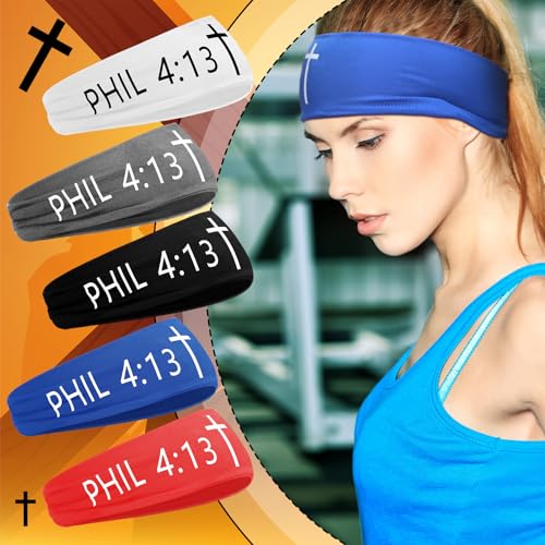 Image of 5 Pcs Christian Athletic Headbands Gifts Cross Headband for Men Women Bible Verse Workout Religious Stretchy Sweat Bands
