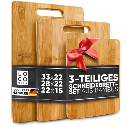 Loco Bird Schneidebrett Holz 3er Set - 33x22cm / 28x22cm / 15x22cm - Holzbrett für die Küche - messerschonender Holzschneidebrett, Chopping board, Küchenbrett, Kitchen Cutting Board Wood, Schneidbrett