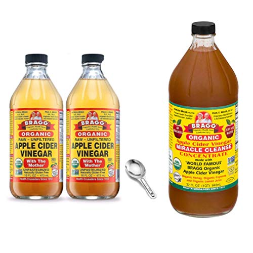 Bragg Organic Apple Cider Vinegar With the Mother 16 Ounce, 2 Pack Including Measuring Spoon and Organic Miracle Cleanse Apple Cider Vinegar 32 Ounce Bundle