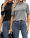Ficerd 2 Pack Women's Tops Dressy Casual, Mock Neck Tops Half Short Sleeve Turtleneck Stretch Fittin