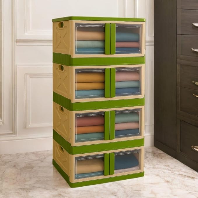 mechdel Storage Plastic for Closet Organizers,Cupboard rack,Folding Storage Box, Stackable Storage with Open Front Door, with wheels (Parrot Green, 4PCS-(72L))Made in India 3