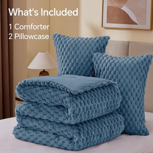 Image of BEDELITE Fluffy Queen Comforter Set - Blue Fog Fleece Soft Comforter for Queen Size Bed, Luxury Warm Bedding Set for Winter, Fuzzy Bed Set 3 Pieces (1 Comforter, 2 Pillowcases)