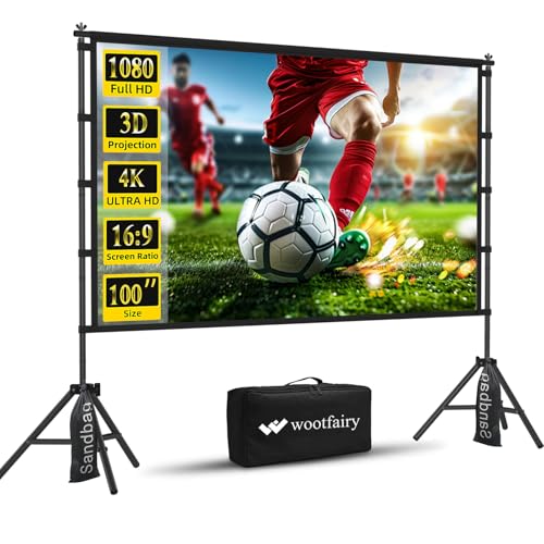 Image of Projector Screen with Stand, Wootfairy 100 inch Portable and Foldable Indoor Outdoor Projection Screen 16:9 4K HD Rear Front Wrinkle-Free Movie Screen with Carry Bag for Home Theater Backyard Cinema