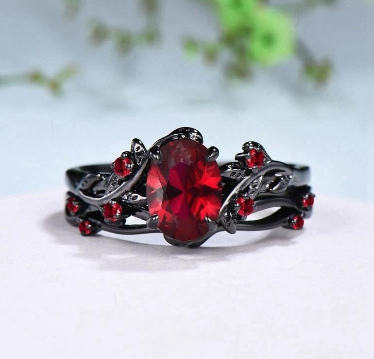 Nature Inspired Leaf red garnet wedding ring set unique twig oval cut emerald engagement ring Art deco black gold Branch anniversary ring2