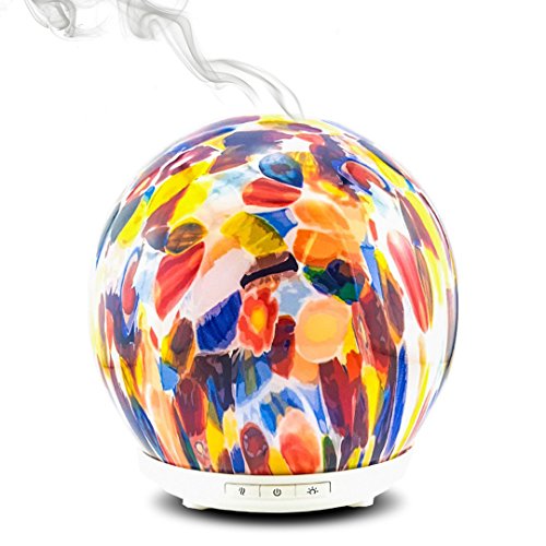 KALEIDOSCOPE | Aromatherapy Essential Oil Diffuser | Cool Mist Ultrasonic Humidifier | Hand Blown Glass Colorful LED White Glow | 200ml Capacity and Safety Auto-Shut Off Feature