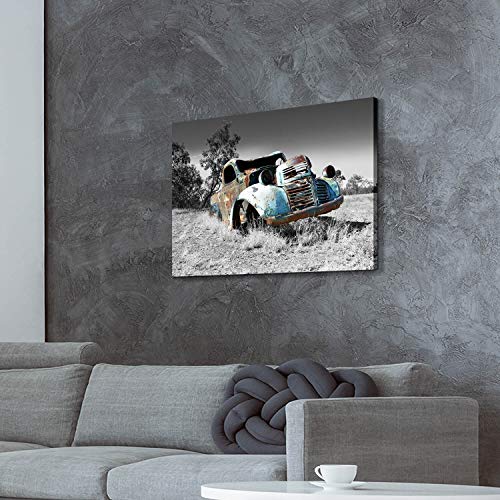 Artistic Path Car Picture Canvas Wall Art: Rusty Truck Art Old Blue Car Painting Print On Canvas Artwork For Bedroom (36''W X 24''H,Multi-Sized) #TOP3