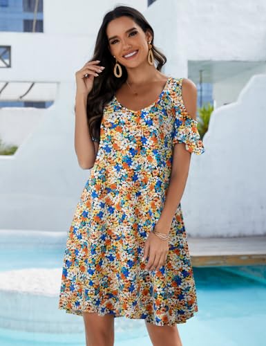 Image of JollieLovin Womens Plus Size Short Sleeve Cold Shoulder V Neck T-Shirt Dress with Pockets