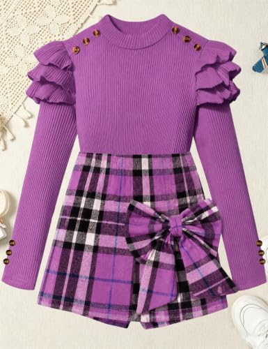 Image of Girls Clothes 2 Piece Ruffle Long Sleeve Shirt Top and Bow Plaid Skirt Set Girls Fall Winter Outfits 6-16 Years