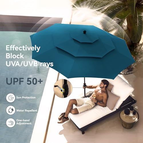 Image of PHI VILLA 10ft Outdoor Patio Umbrellas for Outside, 3 Tier Vented Market Table Umbrella Windproof for Backyard, Deck, Garden, 1.5 inch Pole, Cyan(No Base)