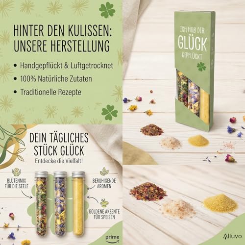 3er Set Gewürze „Ich hab dir Glück gepflückt“, Blütenmischung, Blütensalz & Zitronen Ingwer Salz im Glaszylinder – Feinkost Gewürzset, Geschenkidee zum Geburtstag, als Mitbringsel oder Gastgeschenk