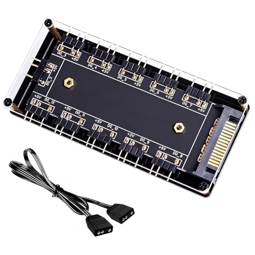 Controlador ARGB Hub de 10 Puertos Hub Ventiladores PC con Alimentación SATA, Splitter ARGB 5V 3 Pines para Ampliar Interfaz de Placa Base Fan Hubs con Adhesivo 3M para PC Gaming y Modding