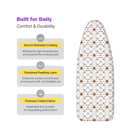 Image of Ironing Board Cover and Pad 18x49 Large, Extra Thick Natural Cotton, Silicone Coated, Scorch Resistant, Elastic Edge with Hook Loop Strap, Wide Iron Board Padding, Heatproof Floral
